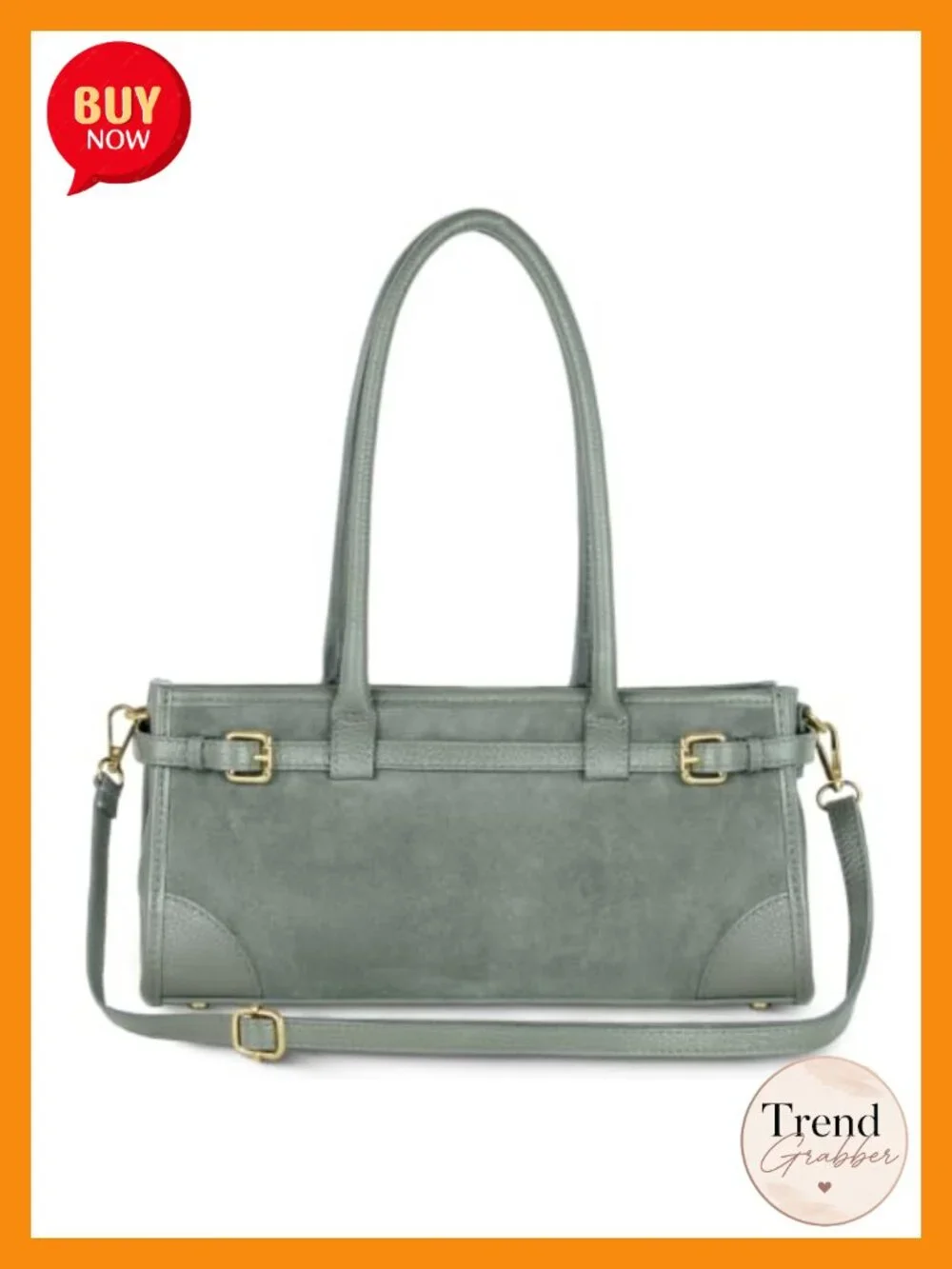 Genuine Suede Structured Satchel with Leather Trim - Adjustable Crossbody
